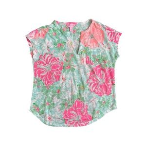 Lilly Pulitzer XXS Duval V-Neck Linen Top Poolside Blue Beach Walk Floral Tropic